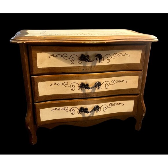 Vtg  60s Apco Japan Wooden Jewelry Chest Music Box 3 Velvet-Lined Drawers Hand-P - Picture 1 of 8